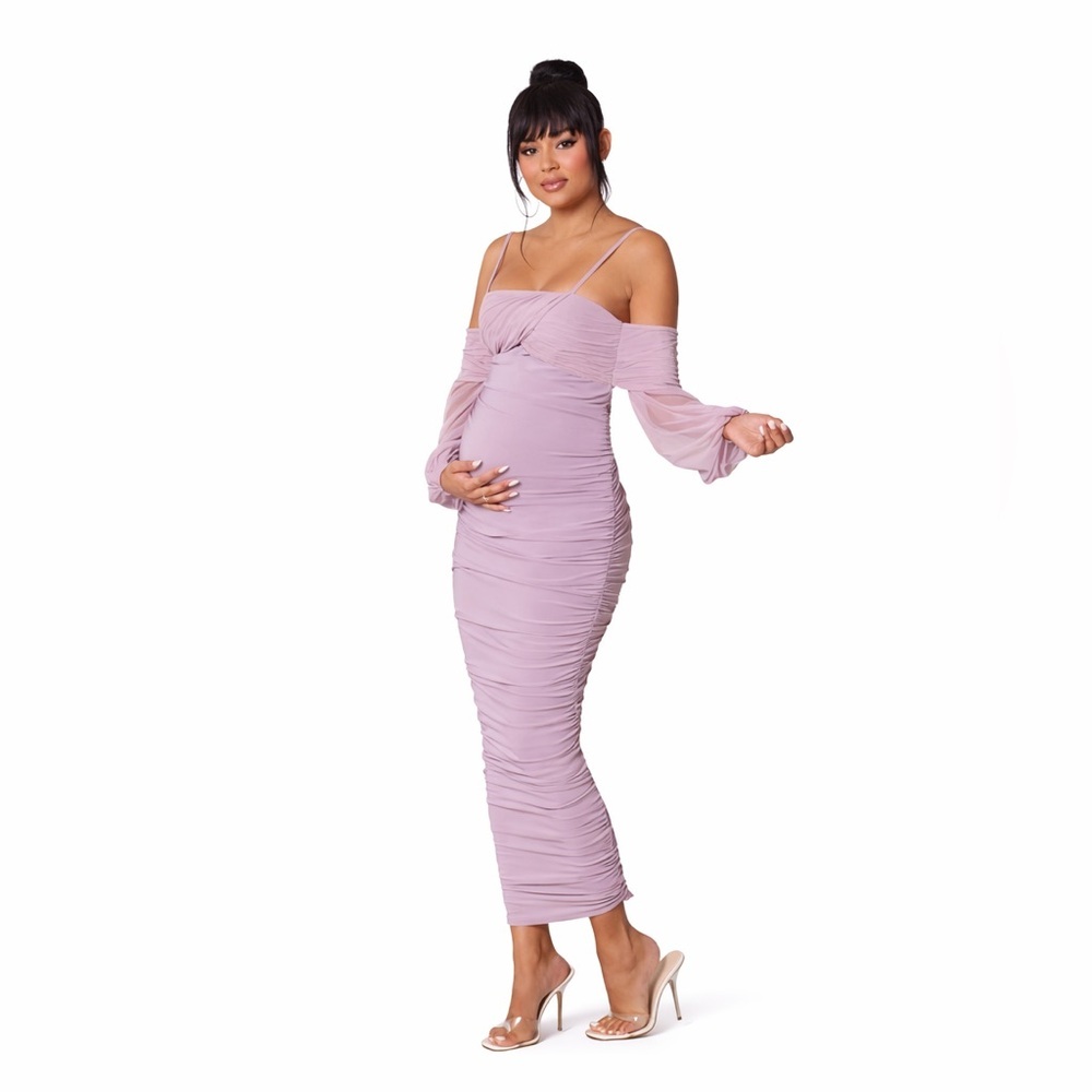Bardot US10 Maternity Ruched Maxi Dress purple 0881 Chiffon baby shower girl